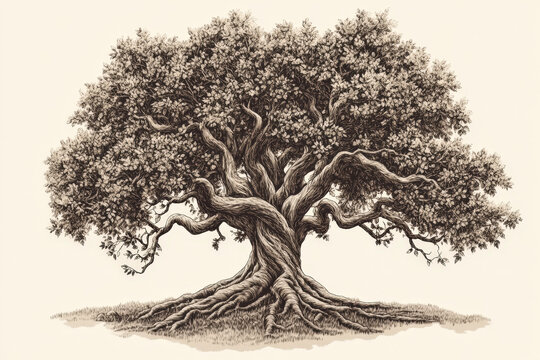 Detailed retro-style engraving of a majestic oak tree with its sprawling branches and intricate root system