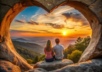 guy and girl sitting on a rock in the sunset