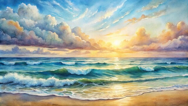 Watercolor painting of a serene seascape with rolling waves under a cloudy sky