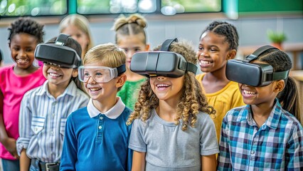 Fototapeta premium Happy diverse group of elementary school kids gathered around futuristic virtual reality goggles, exploring innovative technology in a modern classroom setting.
