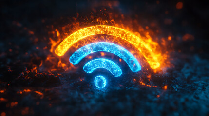 visually striking image featuring a blue wifi symbol with an orange glow surrounding it, set against a dark background that enhances the vibrant colors