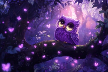 A whimsical purple owl perches on a branch, surrounded by glowing hearts in a mystical forest. Perfect for enchanting designs.