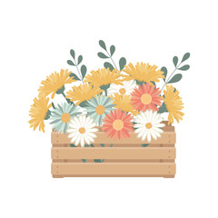 Wooden box with spring flowers. Pastel colors. Greeting card, cute illustration