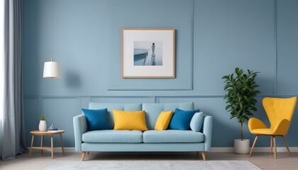 Interior mockup In a white room a blue sofa is placed next to a photo frame on the wall