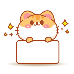 A cute orange cat is clinging to a blank white banner sign. Cartoon hand drawn vector illustration