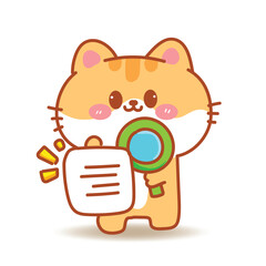 A cute orange cat is holding a white piece of paper and a magnifying glass. Cartoon hand drawn vector illustration