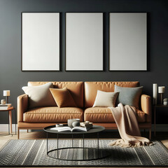 Mockup three frame close up in loft interior background, 3d render