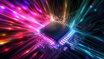 Obraz premium Abstract representation of a computer chip with glowing lights and circuit patterns, symbolizing technology and innovation