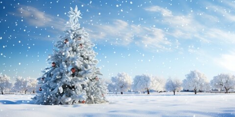 Beautiful winter scene with a snow covered Christmas tree in a snowy landscape under a blue sky with falling snowflakes