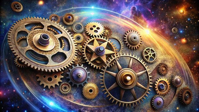 A surreal image of cosmic gears in a clockwork universe, depicting the intricate connection between galaxy gears and space-time