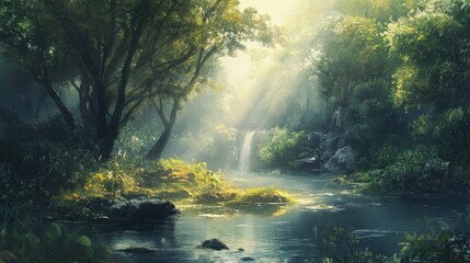 Fototapeta premium Serene Forest Stream with Waterfall and Sunlight