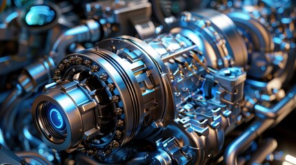 Futuristic engine or machine with glowing parts. Concept of advanced technology, engineering, innovation and power.