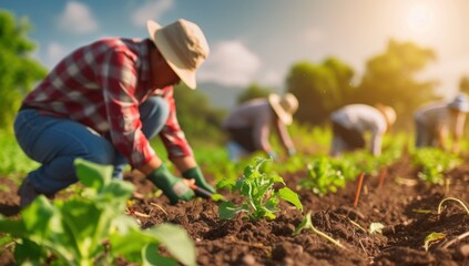 Farmer working in organic vegetable garden, planting crops and tending to plants. Concept of agriculture, farming, sustainability, and healthy eating