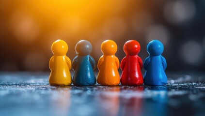Colorful figurines representing diversity and unity in a team. Concept of collaboration, teamwork, and social inclusion