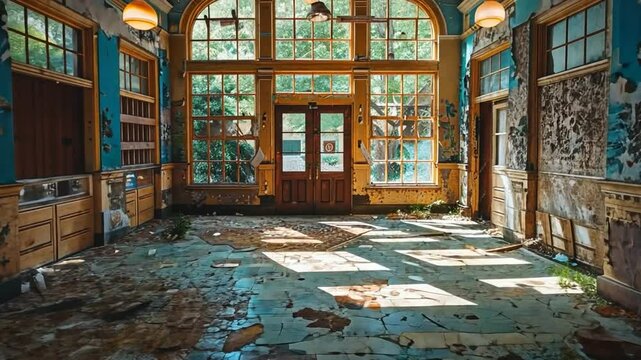 Exploring the abandoned historical building with natural light on a sunny afternoon