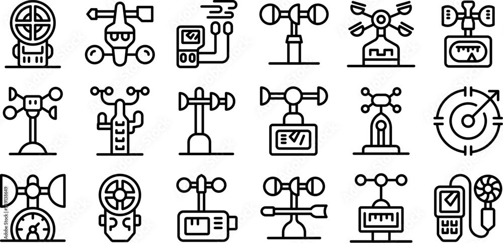Poster anemometer icons set. anemometer measuring wind speed and direction showing air velocity with icons 