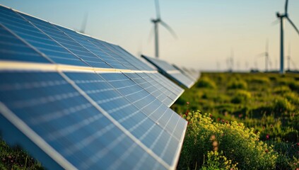 Solar panels and wind turbines in a renewable energy power plant