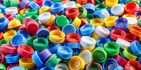 Colorful pile of plastic caps and containers representing plastic waste recycling and environmentalism