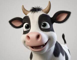 A closeup view of a cute smiling black and white cow 3d character image, cute cow 3d character image. 