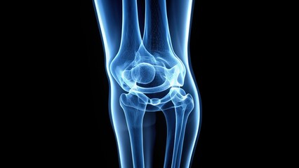 High-contrast X-ray image of a human knee joint, showcasing detailed bone structures, ligaments, and surrounding tissue, ideal for medical illustrations and educational materials.