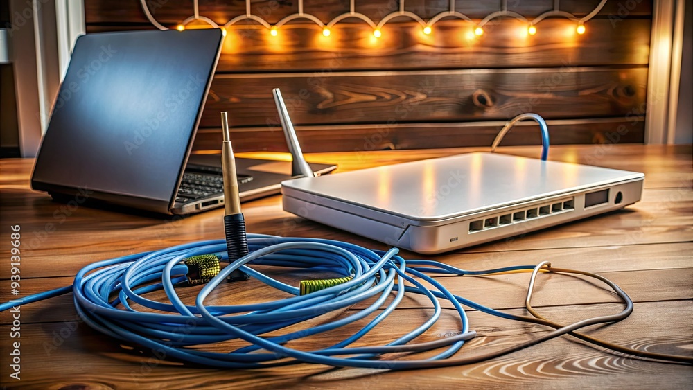 Poster high-tech modem device connected to a sleek laptop computer, surrounded by tangled cables and wires,