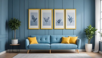 Interior mockup In a white room a blue sofa is placed next to a photo frame on the wall