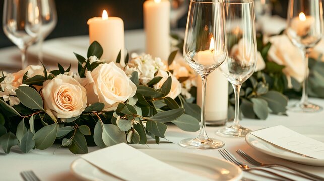 Elegant table setting with candles refined decor soft lighting sophisticated atmosphere
