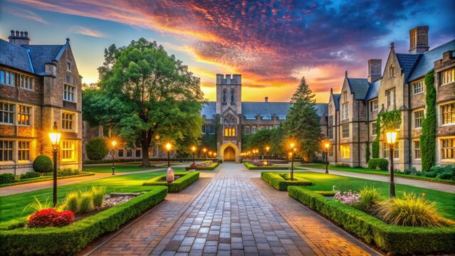 Historic Brookings Quadrangle at dawn, with beautiful Gothic architecture, lush greenery, and walking paths, at Washington University in St. Louis, Missouri.