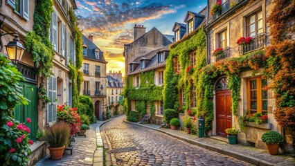 Fototapeta premium Historic cobblestone streets and charming ivy-covered buildings adorn the quaint Old Town of Paris, evoking a sense of timeless romance and nostalgic charm.