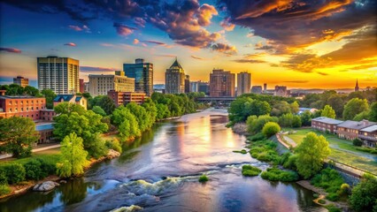 Historic James River flows gently beneath picturesque Richmond cityscape at sunset, featuring lush greenery and stately architecture along the scenic Virginia waterfront.