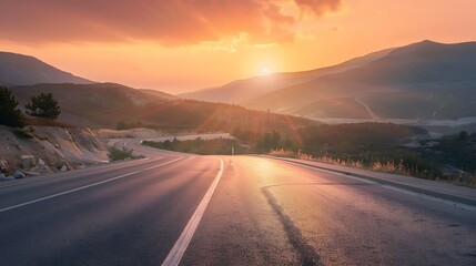 Fototapeta premium Asphalt highway road and mountain natural scenery at sunrise panoramic view : Generative AI