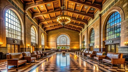 Obraz premium Historic landmark train station with grand waiting room, ornate architecture, and natural light pouring in through large windows in bustling downtown Los Angeles.