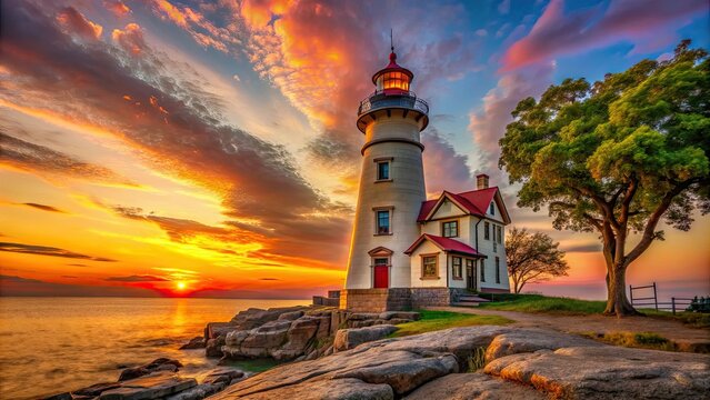 Historic Marblehead Lighthouse stands tall on Lake Erie's rocky shoreline at sunset, its bright red roof and lantern room shining against a warm Ohio sky.