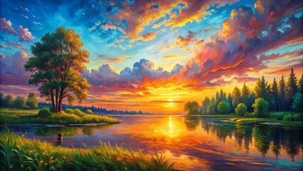 Vibrant oil canvas painting capturing a peaceful sunset scene by Sergey Voevodin