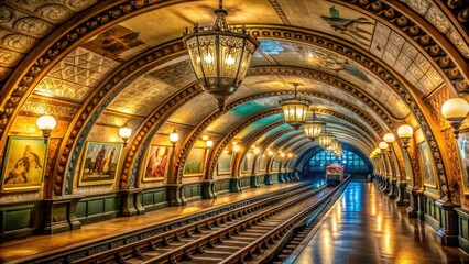 Obraz premium Historic subway tunnel with vintage advertisements and ornate ironwork illuminated by soft warm light, evoking nostalgia for the City of Light's underground charm.