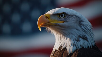 Obraz premium Close-up of an eagle's face with the American flag waving in the background, celebrating the spirit of Independence Day