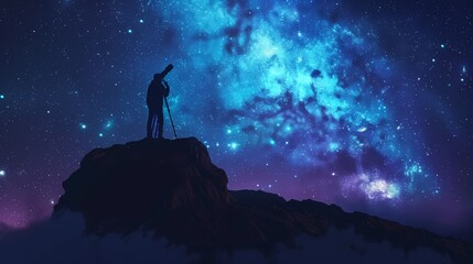 Fototapeta premium Astronomer Observing Stars Through Telescope Under Starry Sky