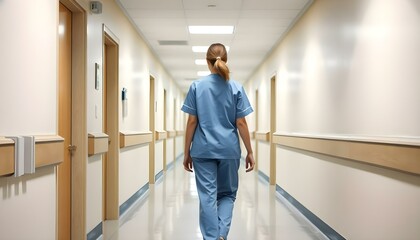 Back view of female nurse walking in hospital hallway with wearing blue medical uniform