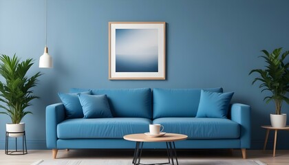 Interior mockup In a white room a blue sofa is placed next to a photo frame on the wall