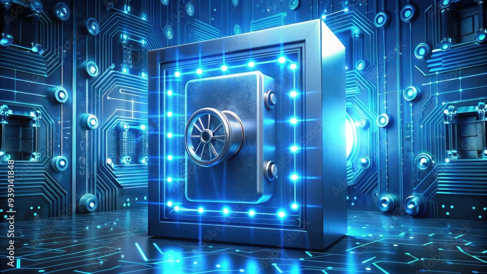Aufkleber illuminated 3d safe with glowing blue lock and keyhole, surrounded by faint digital codes and circui