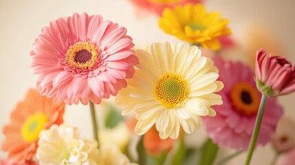 Close-up of vibrant flowers on a cream background, highlighting their natural beauty and soft textures.