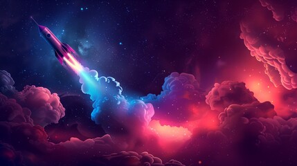 Rocket Launching into Outer Space Through Colorful Clouds