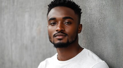 Obraz premium Headshot of attractive serious African student with small beard and moustache dressed in casual tshirt looking at camera with confident and thougthful expression on his face standing a : Generative AI