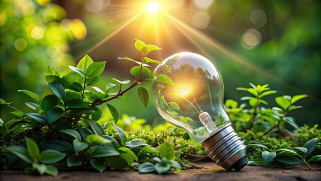 Illuminated light bulb surrounded by leaves and vines, symbolizing eco-friendly and sustainable energy solutions, with a natural and organic approach to saving energy resources.