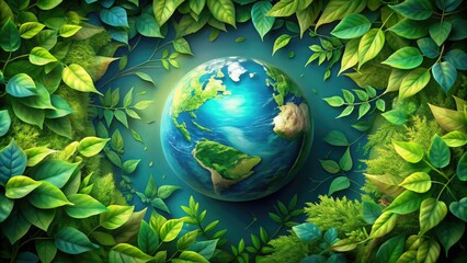 Illustrated blue planet Earth surrounded by lush green leaves and vines, symbolizing harmony with nature and environmental conservation on Earth Day celebration.