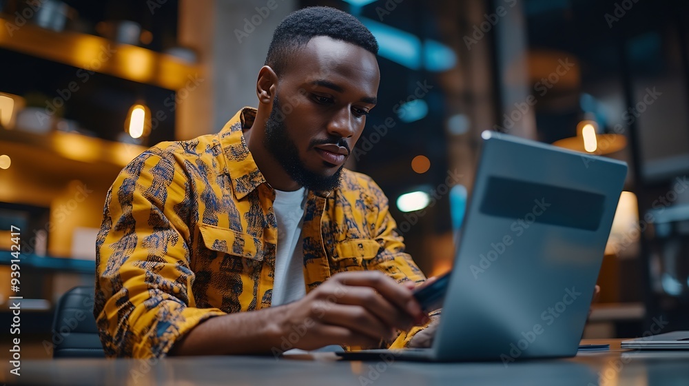 Poster african american man in casual shirt paying with credit card online while making orders via the inte
