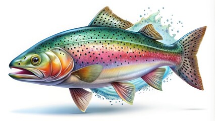 Illustrated trout fish in vibrant colors, detailed scales, and flowing fins, isolated on a white background with subtle water texture and gradient effects.