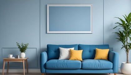 Interior mockup In a white room a blue sofa is placed next to a photo frame on the wall