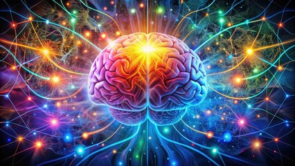 Obraz premium Illustration of a human brain with glowing neurons and circuits, surrounded by vibrant colors and abstract shapes, symbolizing creativity, innovation, and mental clarity.