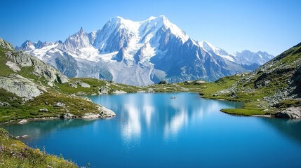 Fototapeta premium Beautiful Summertime View of Chamonix's Lac Blanc with Mont Blanc in the Distance: A Stunning Outdoor Scene in the Vallon de Berard Nature Reserve, Graian Alps, France. 